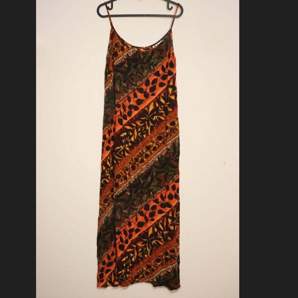 R.J. & Co Spaghetti strap dress brown and orange, leaf and diagonal pattern, 16